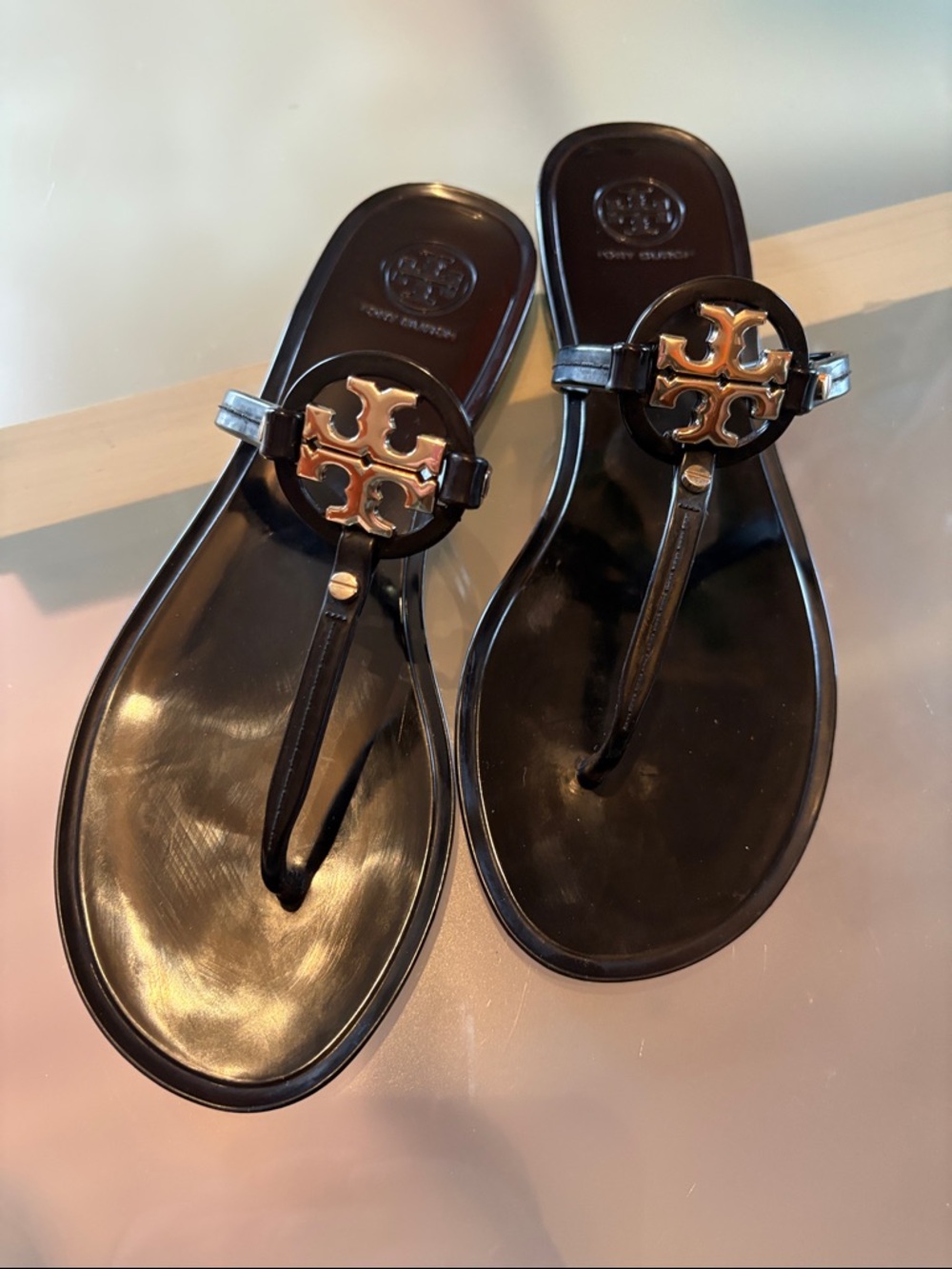 Tory Burch Mini Miller Black Jelly Sandals with Gold Logo Accent